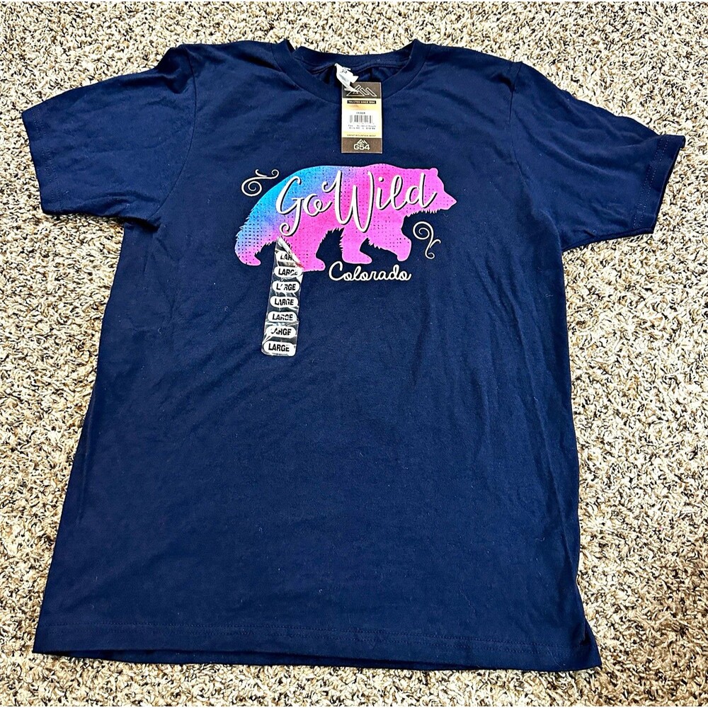 NWT Great Mountain West Go Wild Colorado Bear Graphic Girls Shirt Sz L Navy